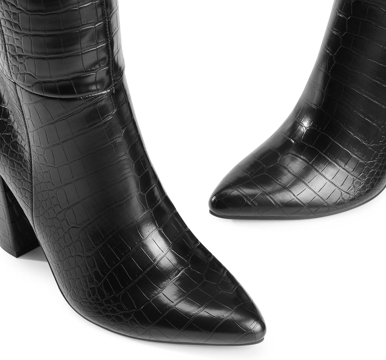 imageDREAM PAIRS Knee High Boots Women Chunky Heel Pointed Toe Tall Boots for Women Side Zipper Long BootsBlackcroco