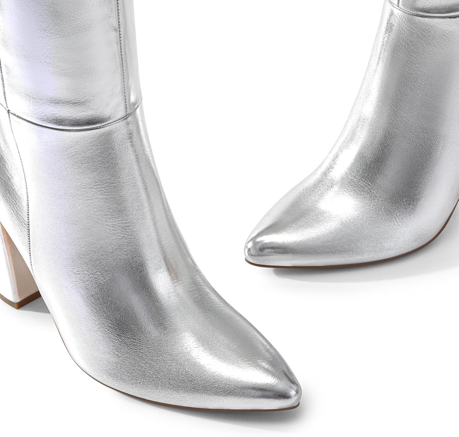 imageDREAM PAIRS Knee High Boots Women Chunky Heel Pointed Toe Tall Boots for Women Side Zipper Long BootsMetallic Silver