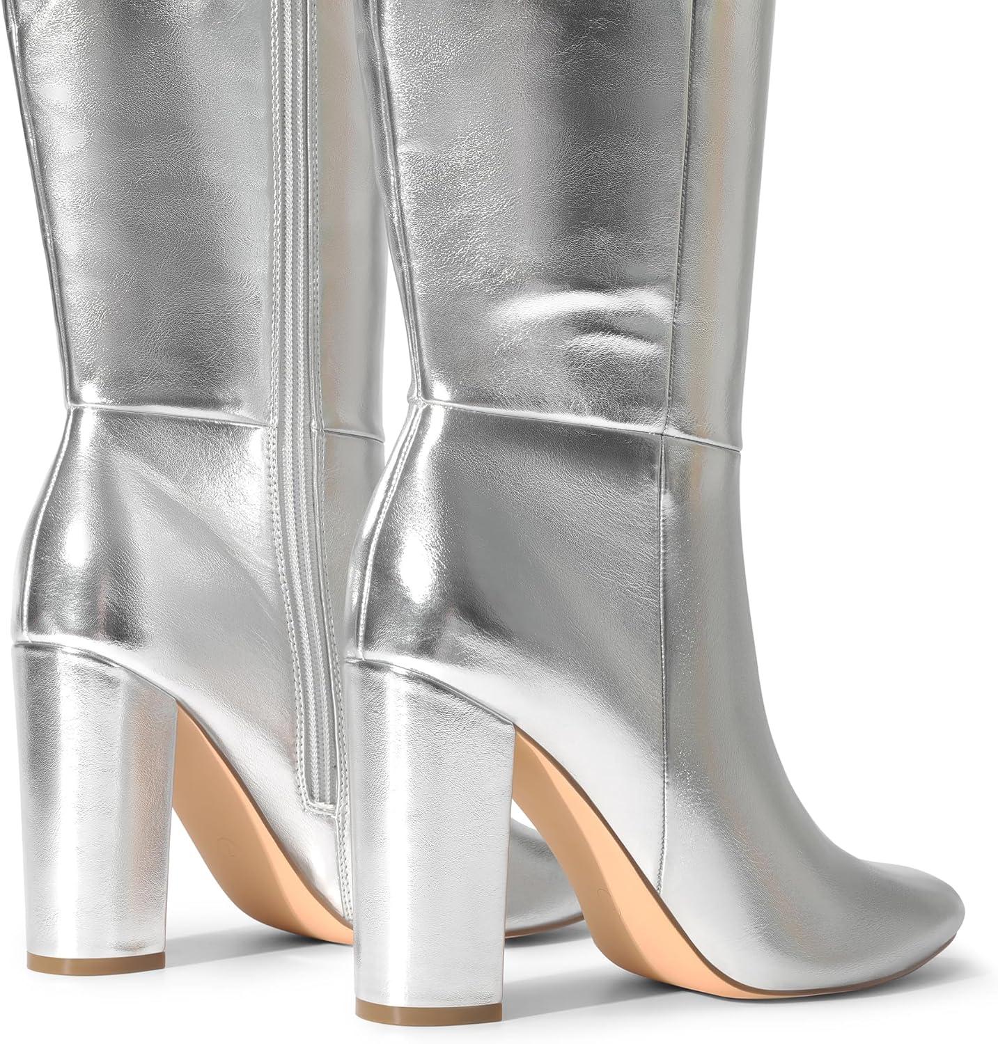 imageDREAM PAIRS Knee High Boots Women Chunky Heel Pointed Toe Tall Boots for Women Side Zipper Long BootsMetallic Silver