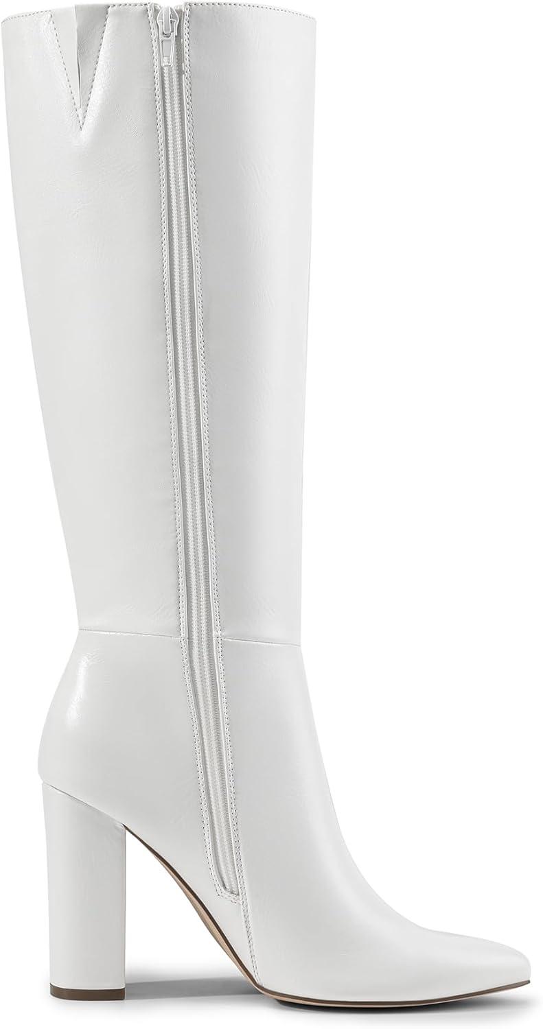 imageDREAM PAIRS Knee High Boots Women Chunky Heel Pointed Toe Tall Boots for Women Side Zipper Long BootsWhitepu