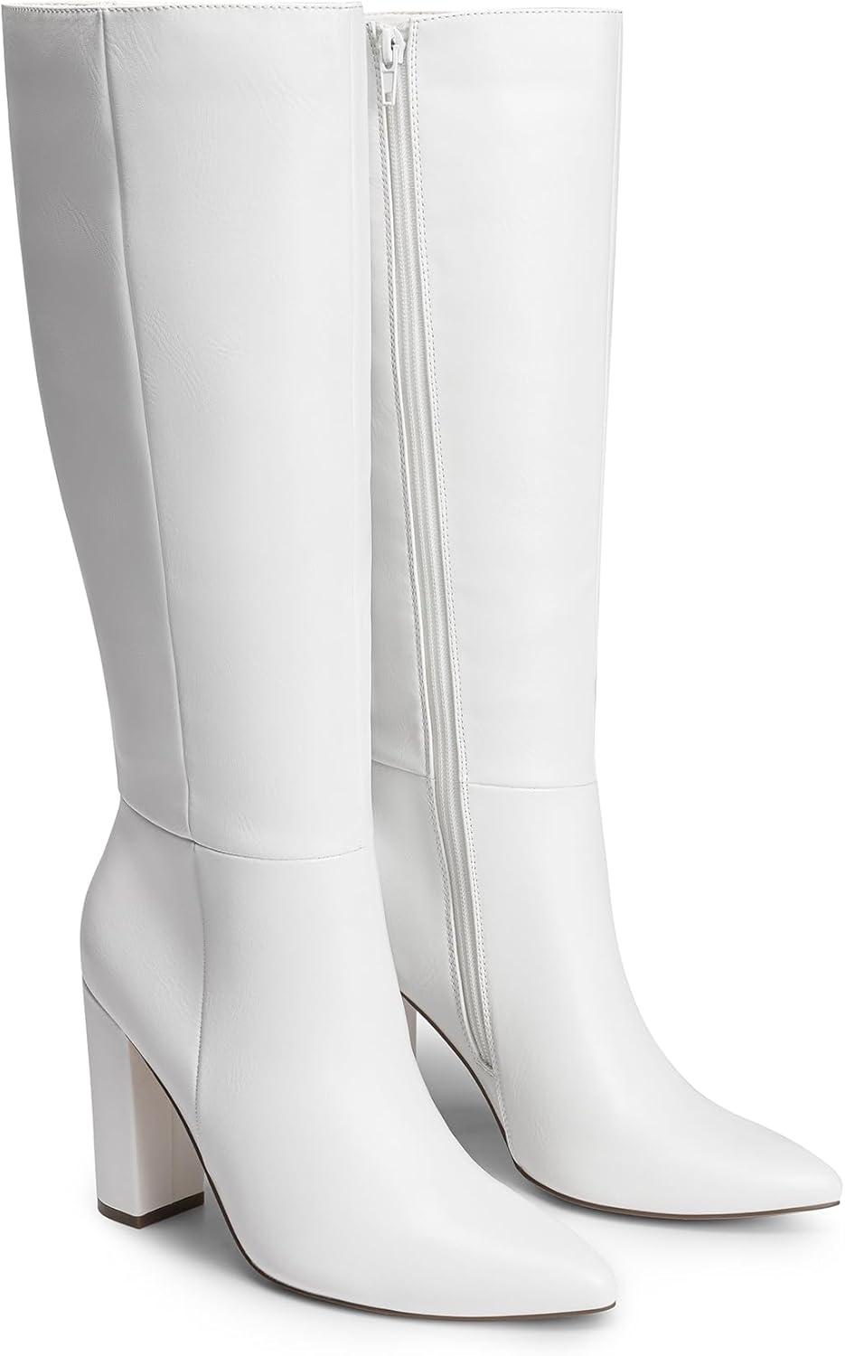 imageDREAM PAIRS Knee High Boots Women Chunky Heel Pointed Toe Tall Boots for Women Side Zipper Long BootsWhitepu