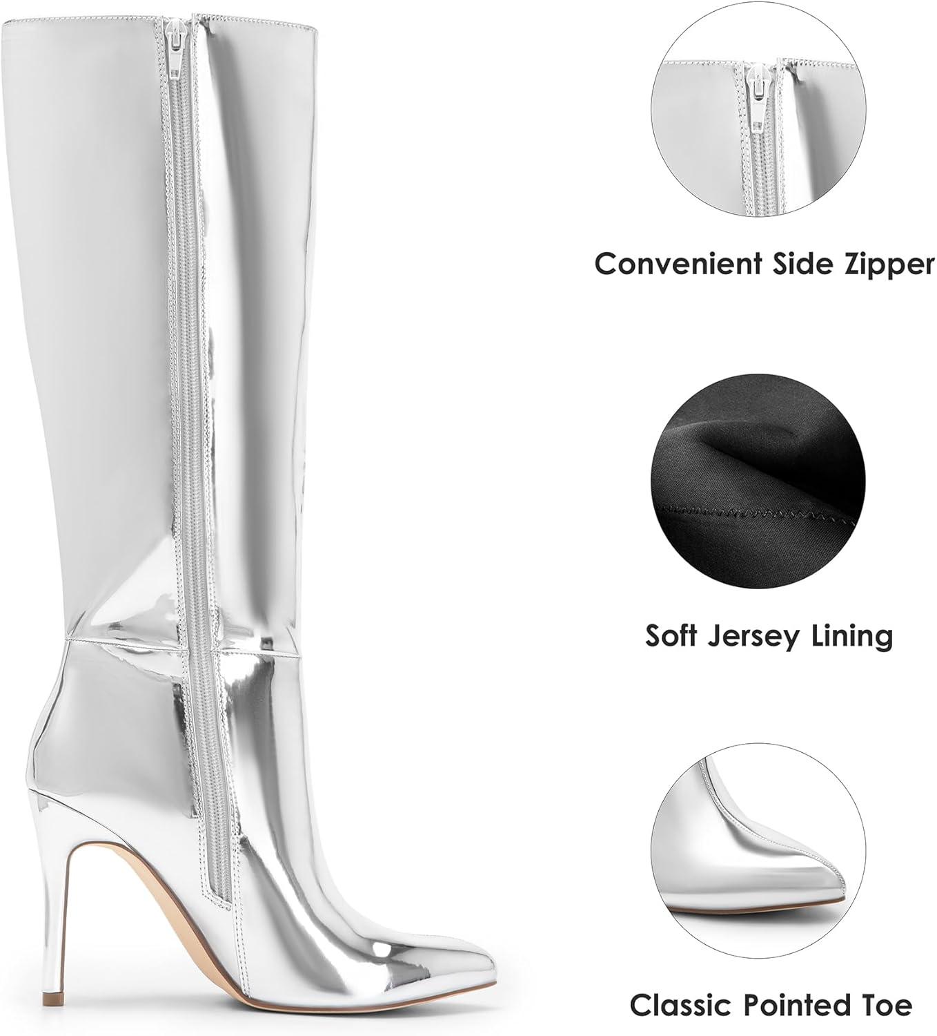 imageDREAM PAIRS Knee High Boots for Women Sexy Pointed Toe Stiletto High Heel Boots Fashion ampamp Classic Dress ShoesSilverpat