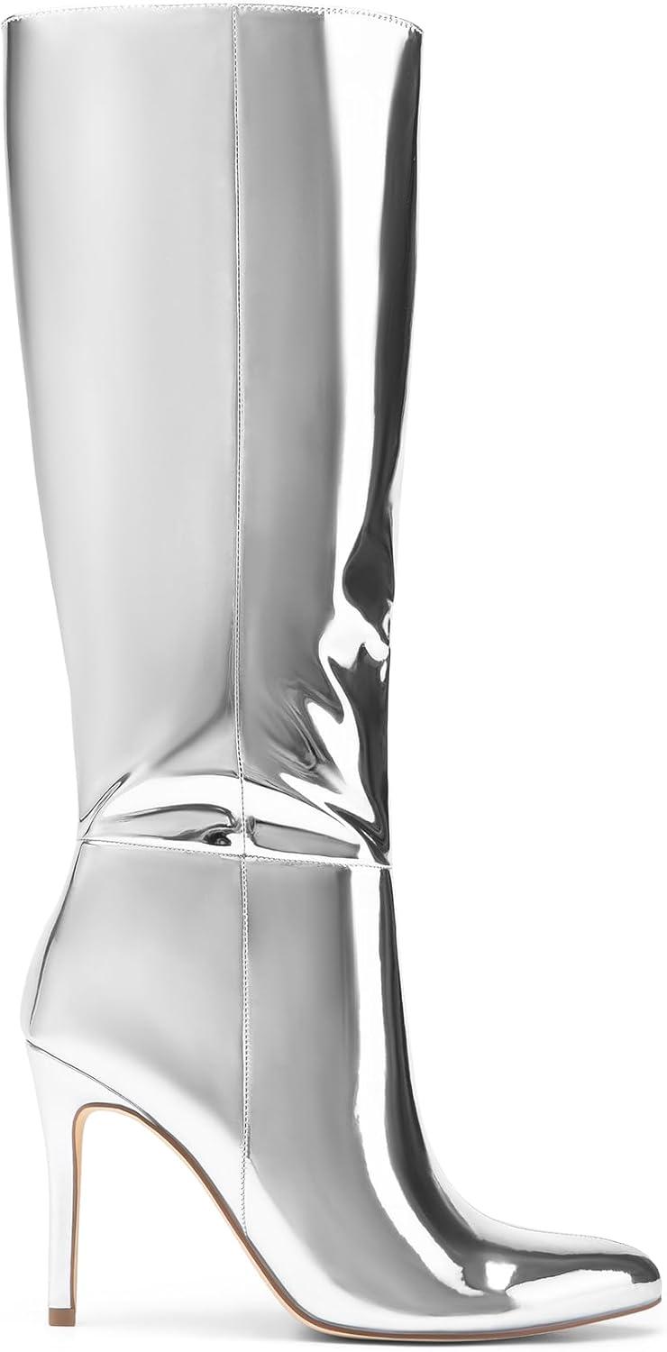 imageDREAM PAIRS Knee High Boots for Women Sexy Pointed Toe Stiletto High Heel Boots Fashion ampamp Classic Dress ShoesSilverpat