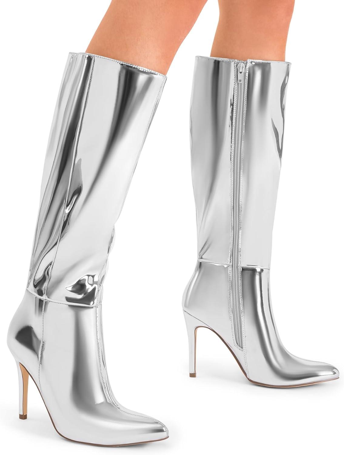 imageDREAM PAIRS Knee High Boots for Women Sexy Pointed Toe Stiletto High Heel Boots Fashion ampamp Classic Dress ShoesSilverpat