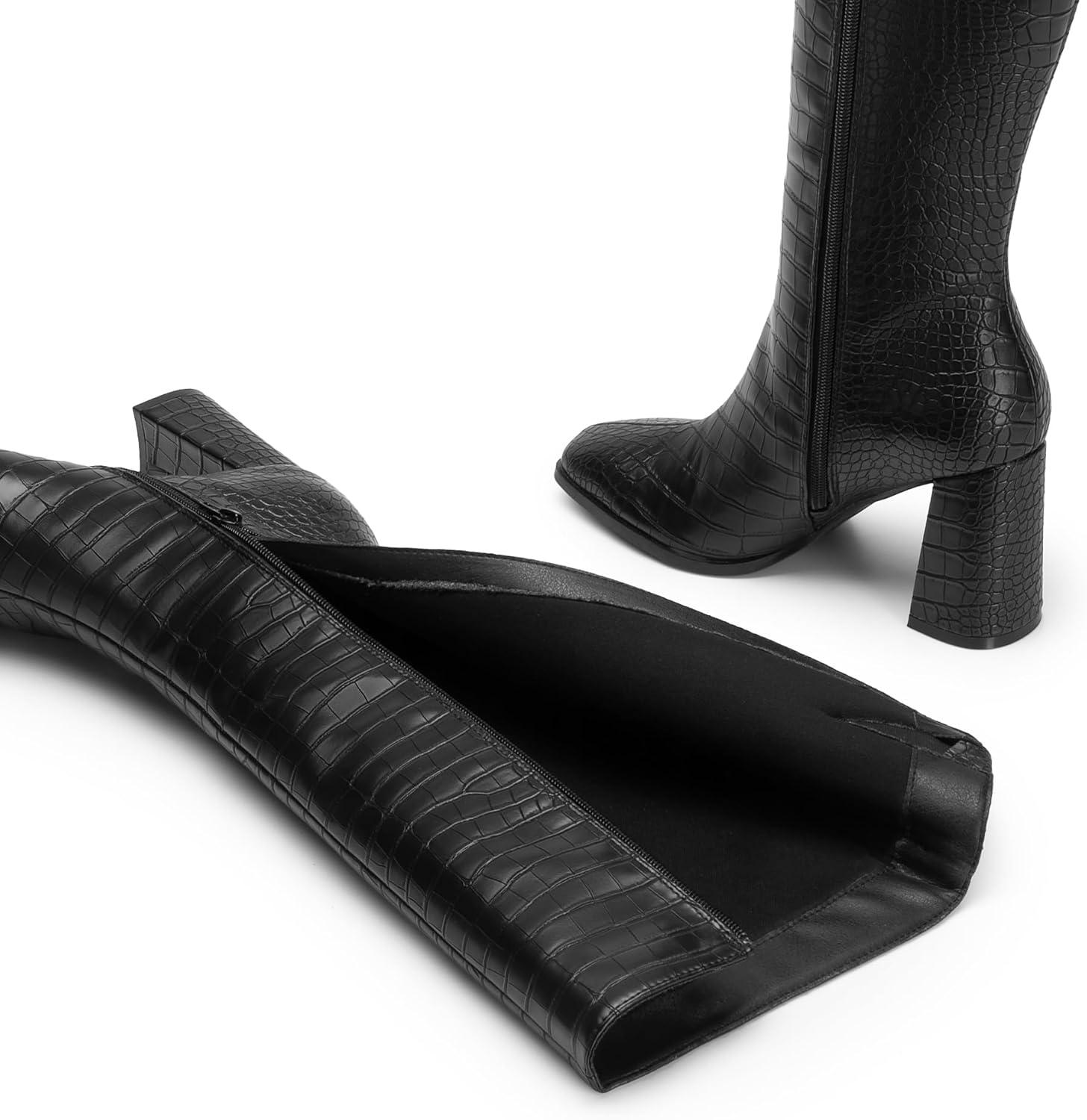 imageDREAM PAIRS Knee High Boots for Women Square Toe Gogo Chunky Heel with Side ZipBlackcroco