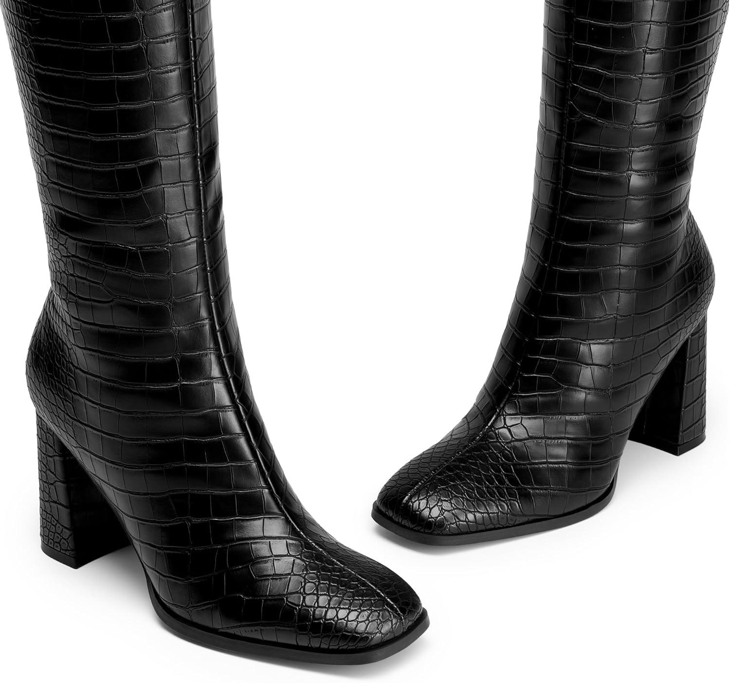imageDREAM PAIRS Knee High Boots for Women Square Toe Gogo Chunky Heel with Side ZipBlackcroco