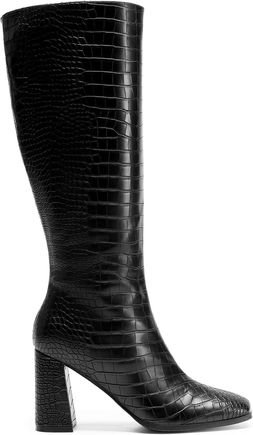 imageDREAM PAIRS Knee High Boots for Women Square Toe Gogo Chunky Heel with Side ZipBlackcroco