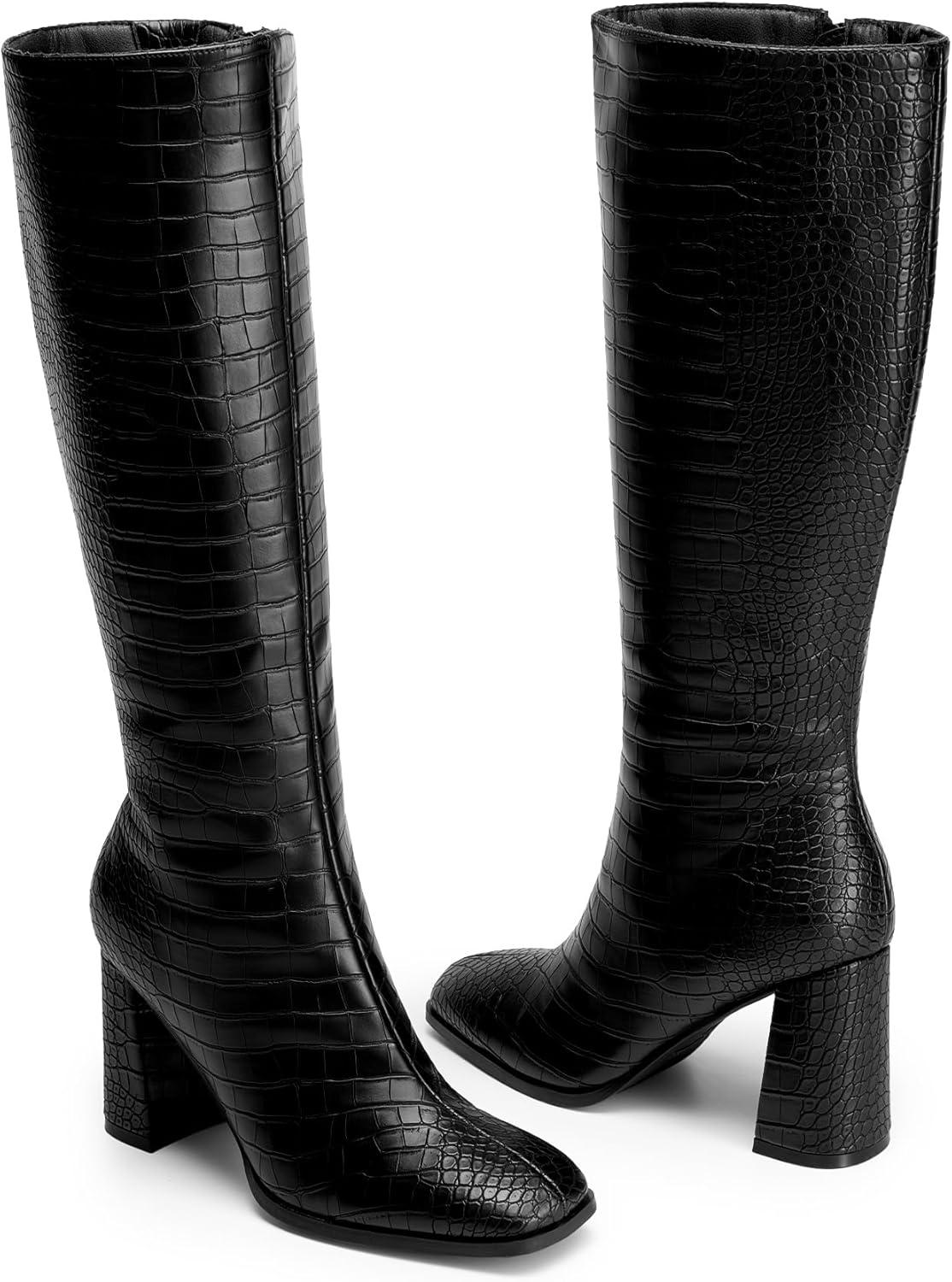 imageDREAM PAIRS Knee High Boots for Women Square Toe Gogo Chunky Heel with Side ZipBlackcroco