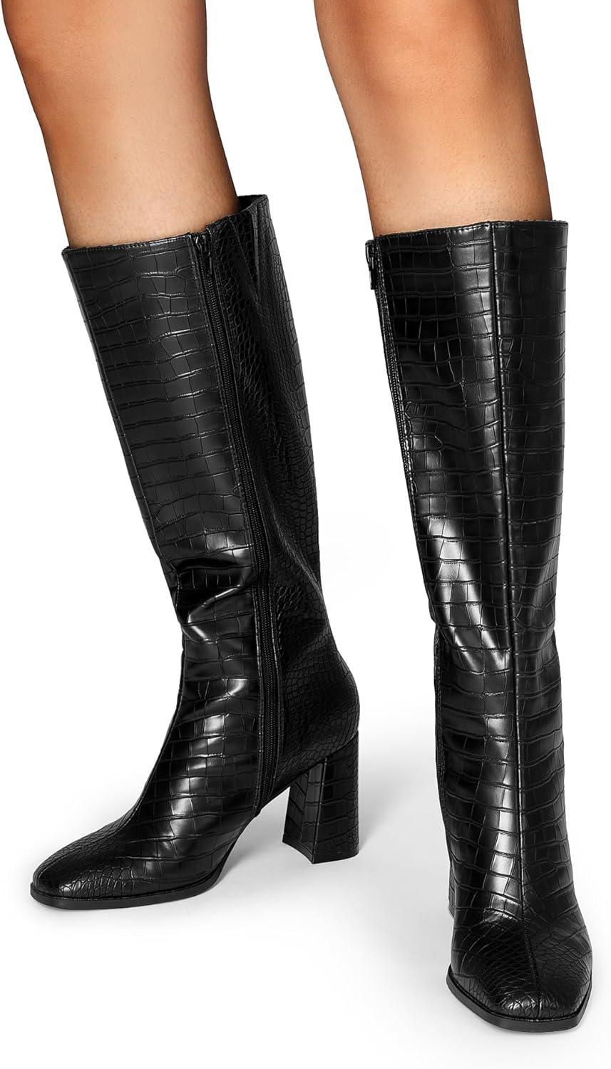 imageDREAM PAIRS Knee High Boots for Women Square Toe Gogo Chunky Heel with Side ZipBlackcroco