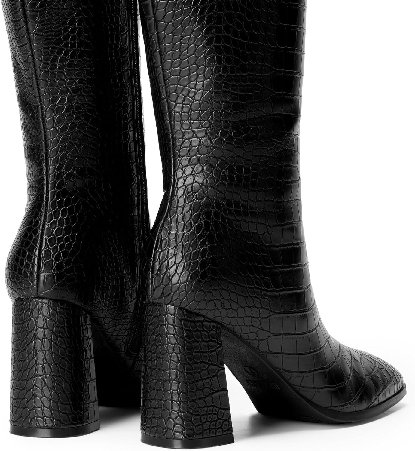 imageDREAM PAIRS Knee High Boots for Women Square Toe Gogo Chunky Heel with Side ZipBlackcroco
