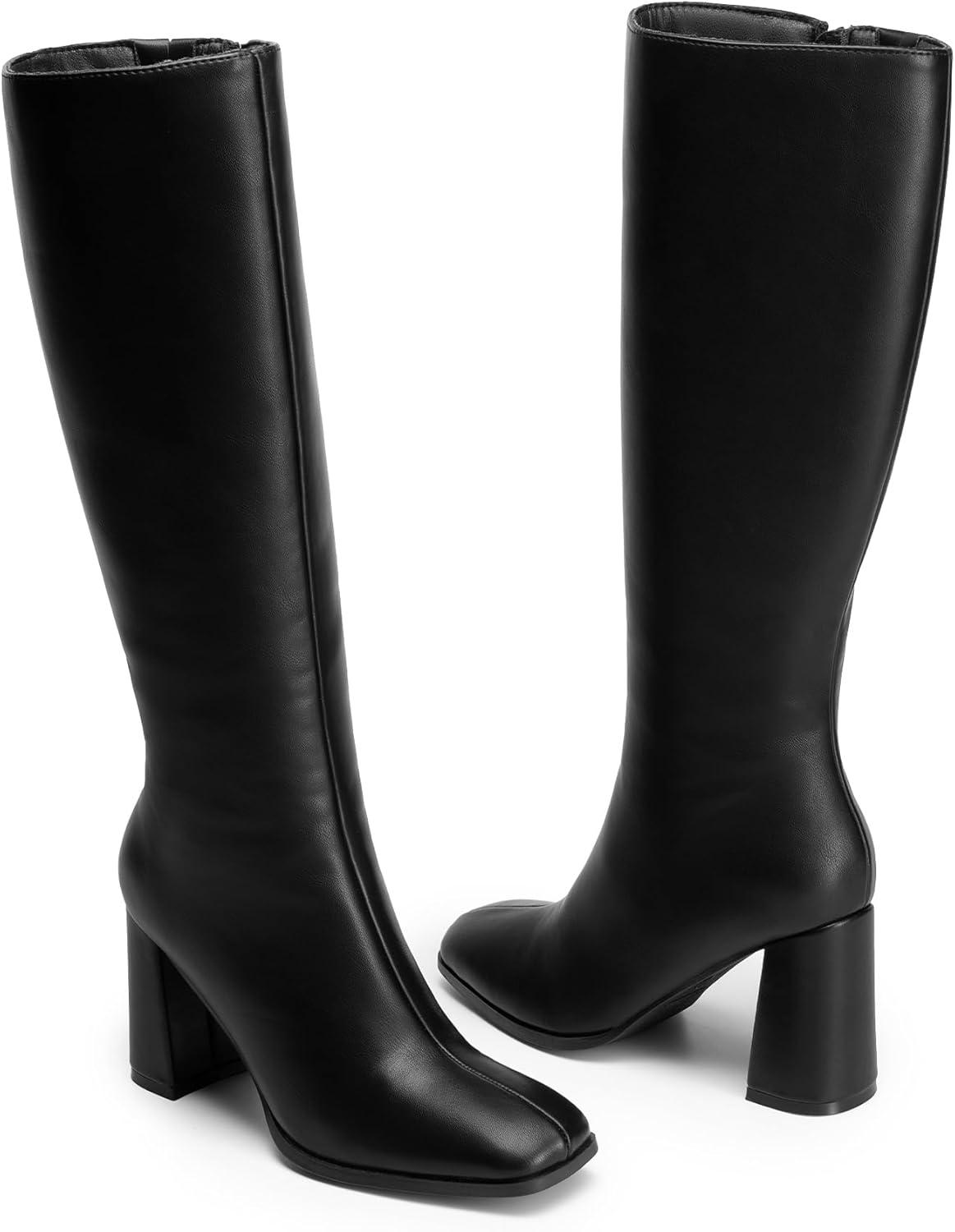 imageDREAM PAIRS Knee High Boots for Women Square Toe Gogo Chunky Heel with Side ZipBlackpu