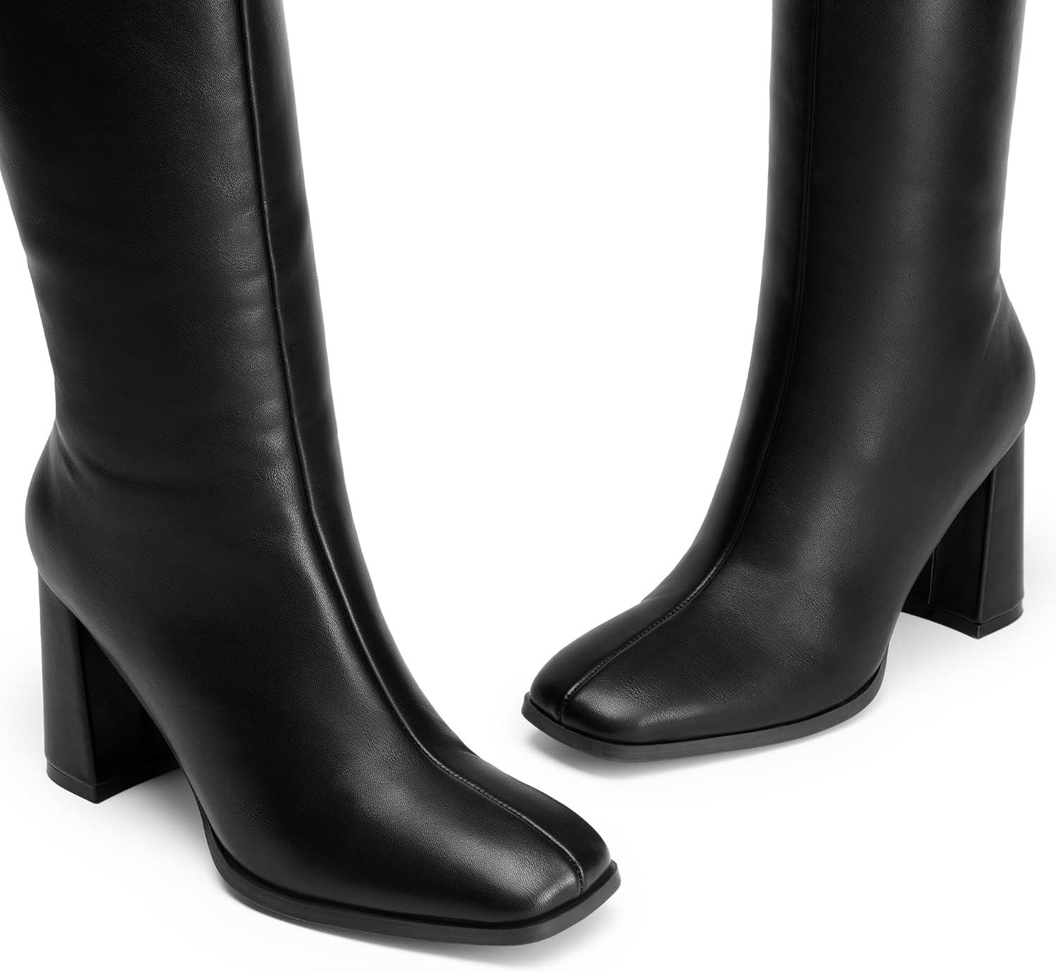 imageDREAM PAIRS Knee High Boots for Women Square Toe Gogo Chunky Heel with Side ZipBlackpu