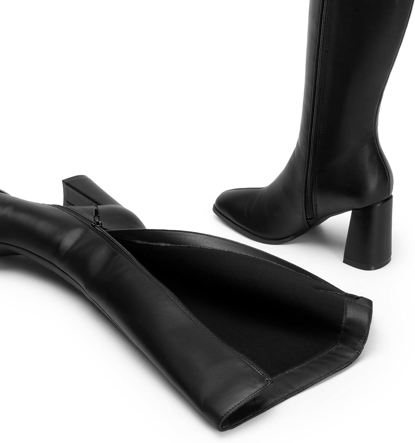 imageDREAM PAIRS Knee High Boots for Women Square Toe Gogo Chunky Heel with Side ZipBlackpu