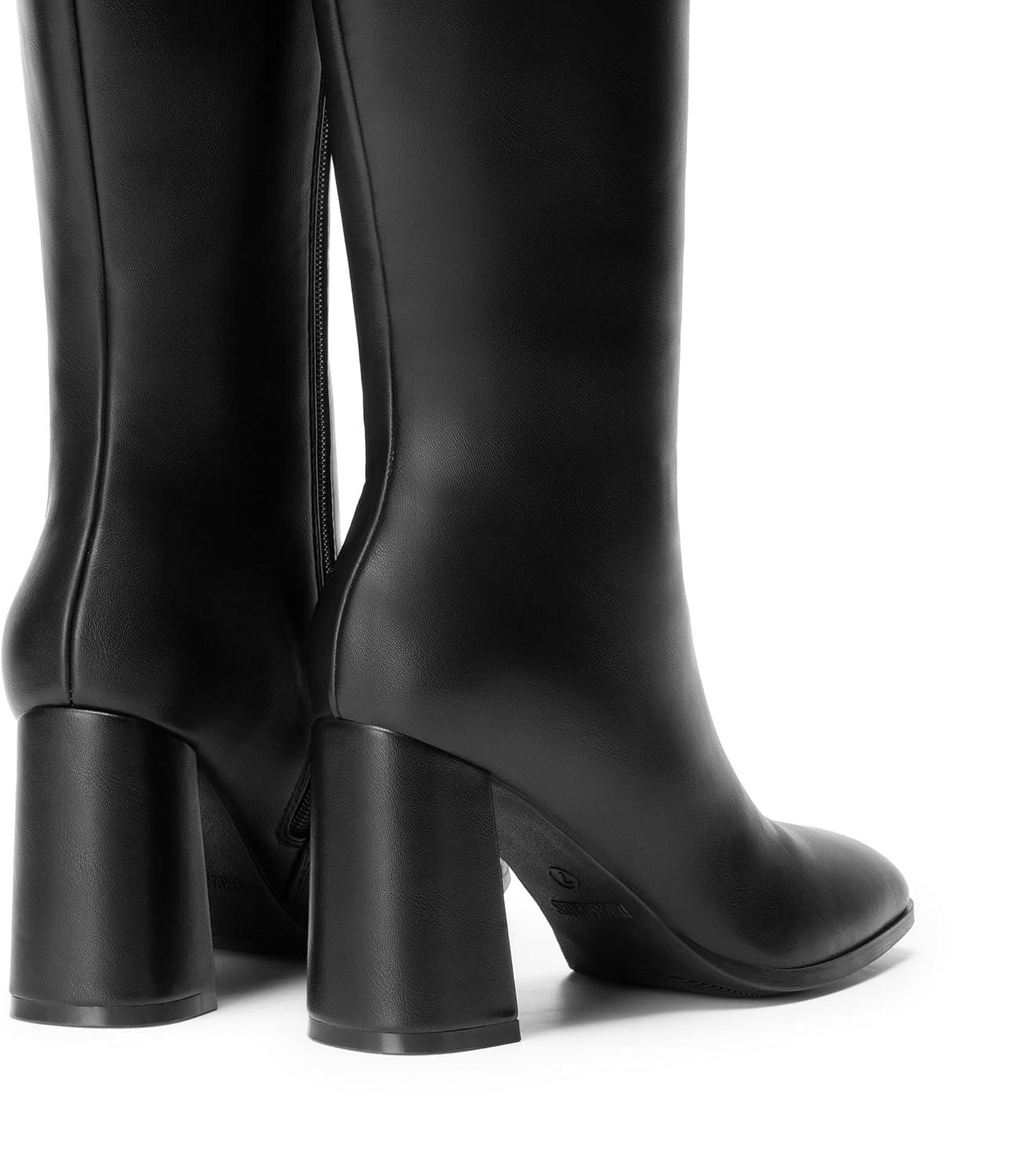 imageDREAM PAIRS Knee High Boots for Women Square Toe Gogo Chunky Heel with Side ZipBlackpu