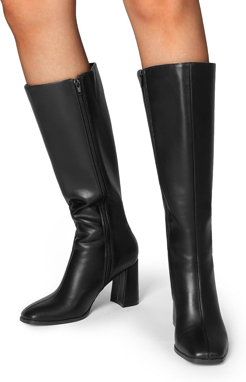 imageDREAM PAIRS Knee High Boots for Women Square Toe Gogo Chunky Heel with Side ZipBlackpu
