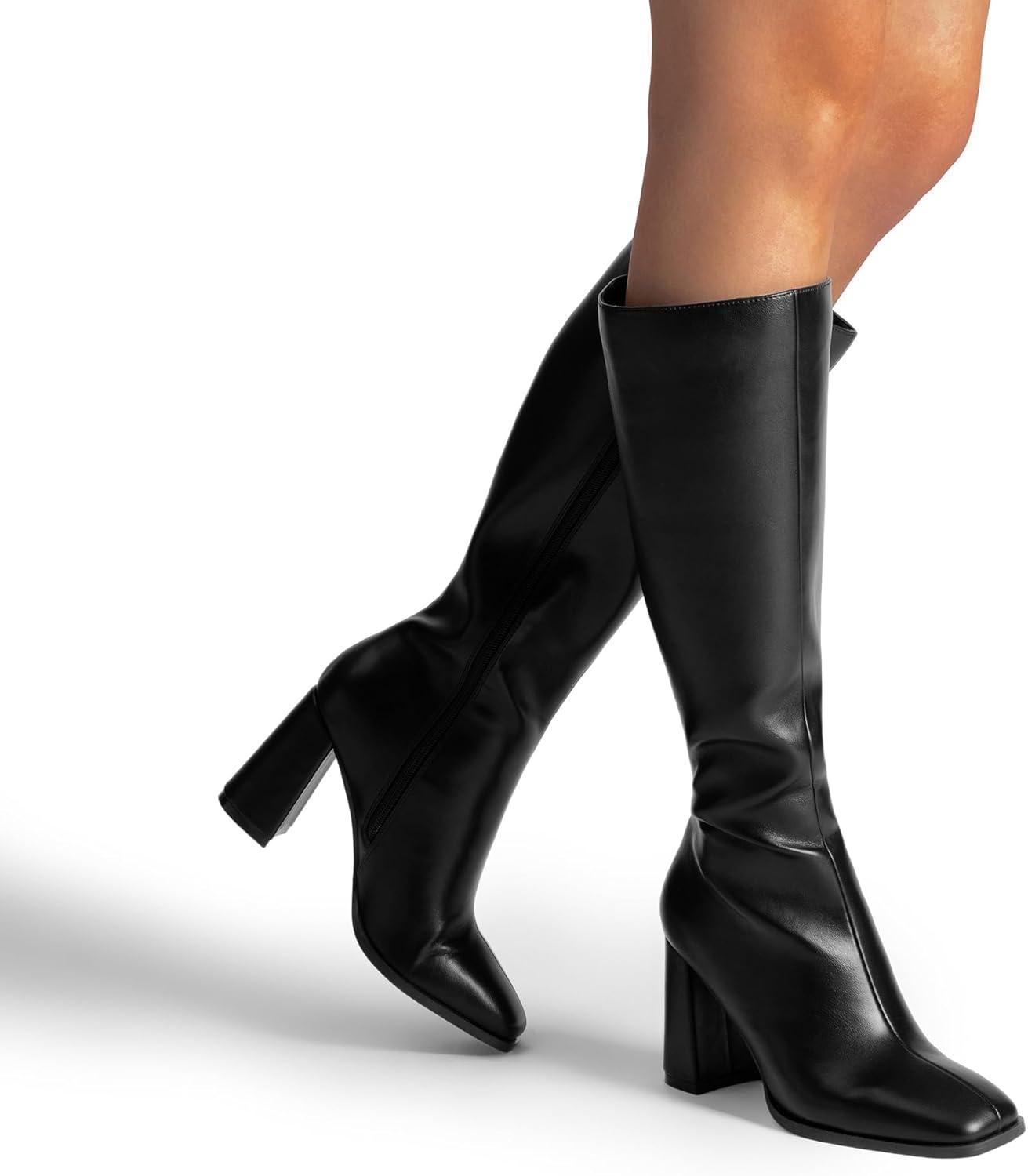 imageDREAM PAIRS Knee High Boots for Women Square Toe Gogo Chunky Heel with Side ZipBlackpu
