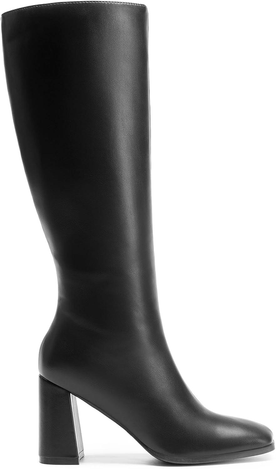 imageDREAM PAIRS Knee High Boots for Women Square Toe Gogo Chunky Heel with Side ZipBlackpu