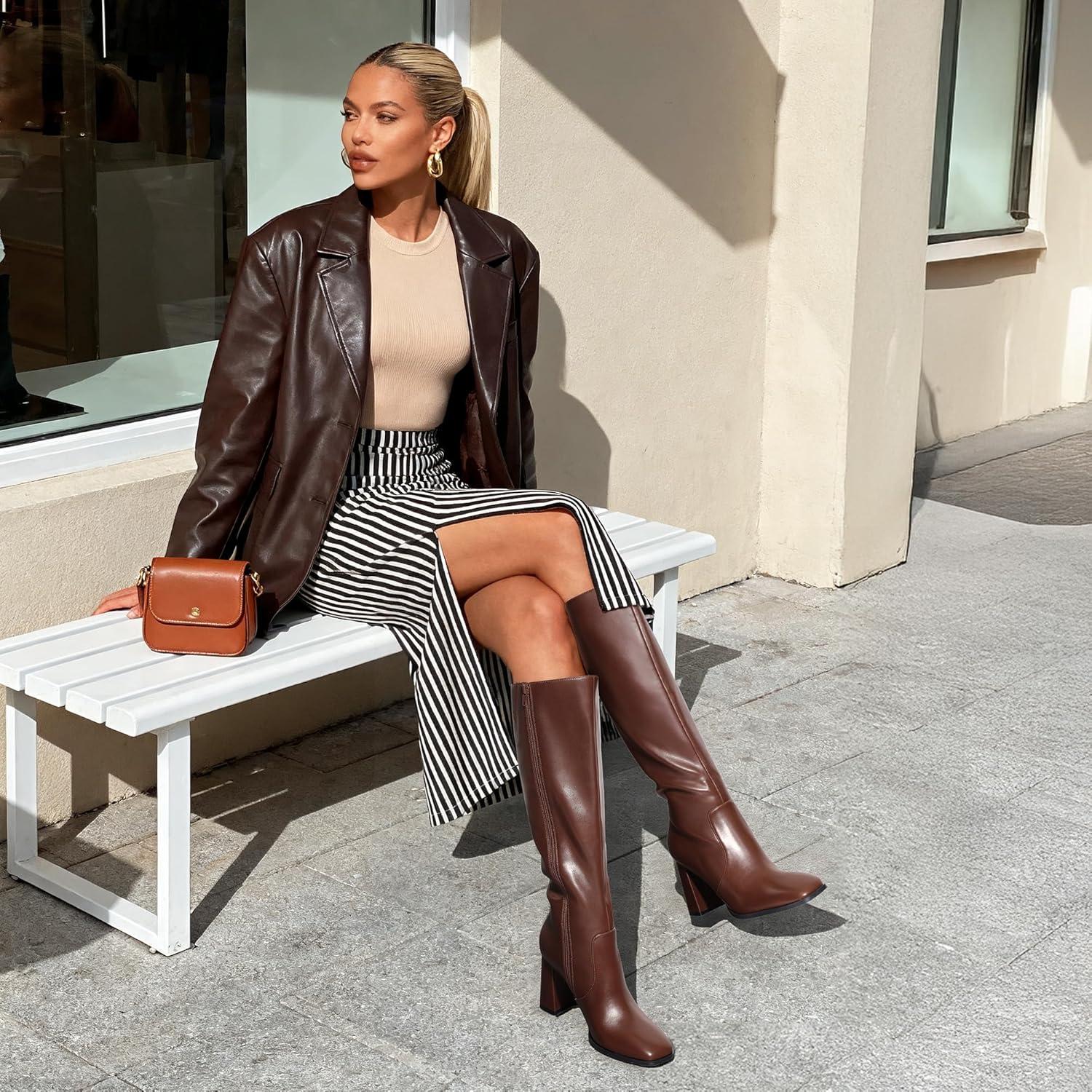 imageDREAM PAIRS Knee High Boots for Women Square Toe Gogo Chunky Heel with Side ZipBrown