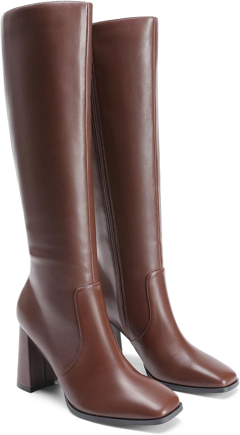 imageDREAM PAIRS Knee High Boots for Women Square Toe Gogo Chunky Heel with Side ZipBrown