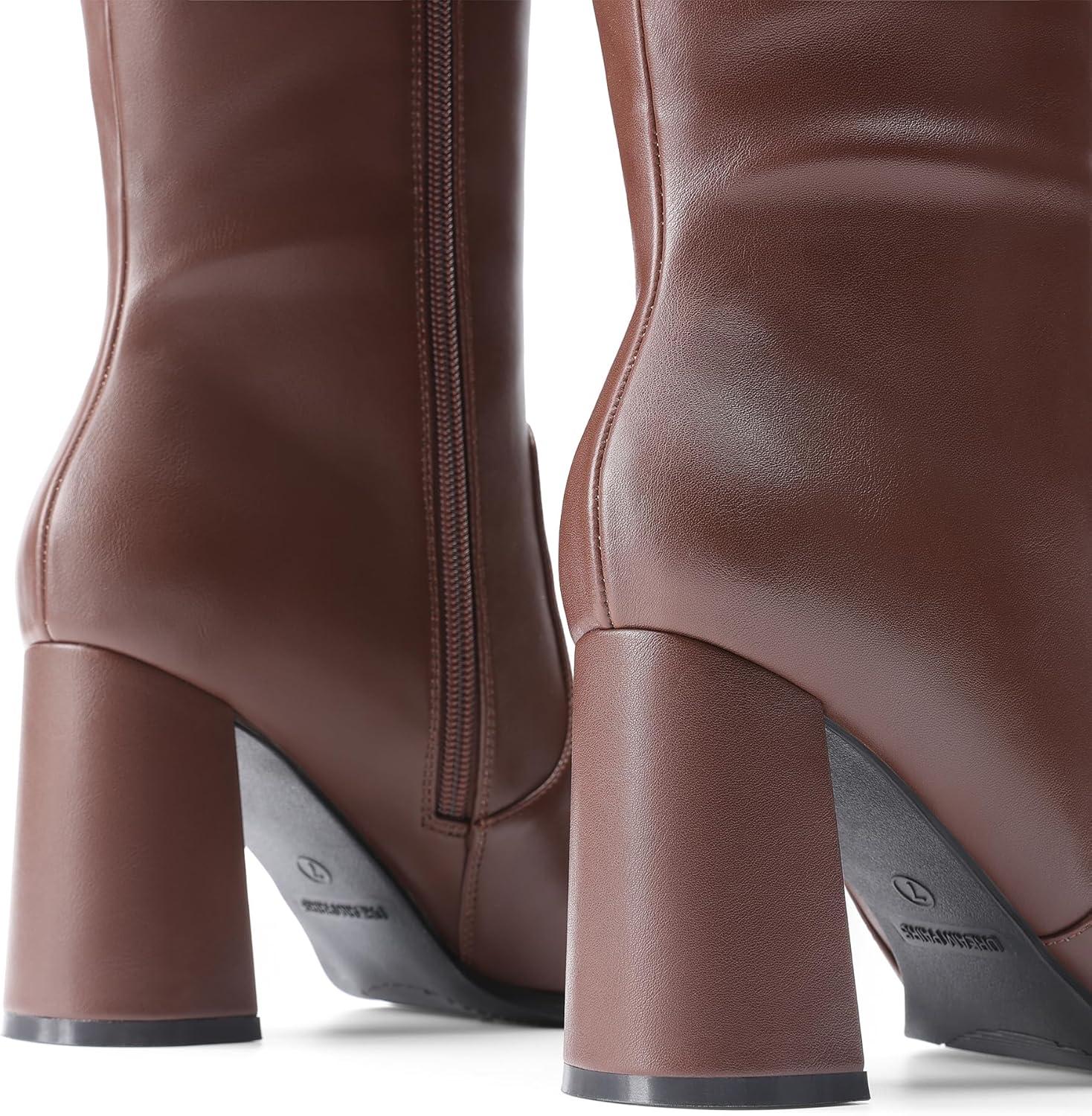 imageDREAM PAIRS Knee High Boots for Women Square Toe Gogo Chunky Heel with Side ZipBrown