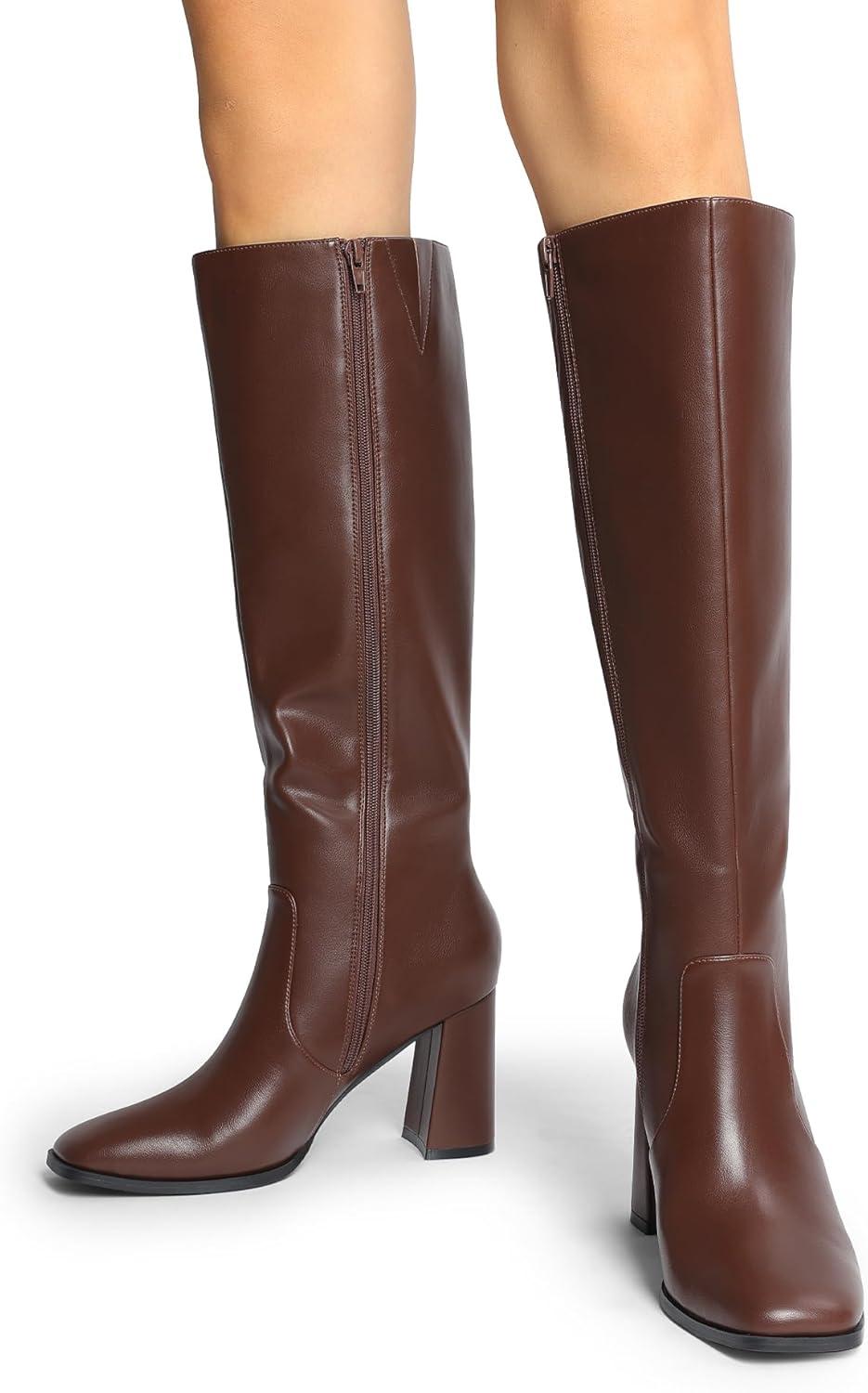 imageDREAM PAIRS Knee High Boots for Women Square Toe Gogo Chunky Heel with Side ZipBrown