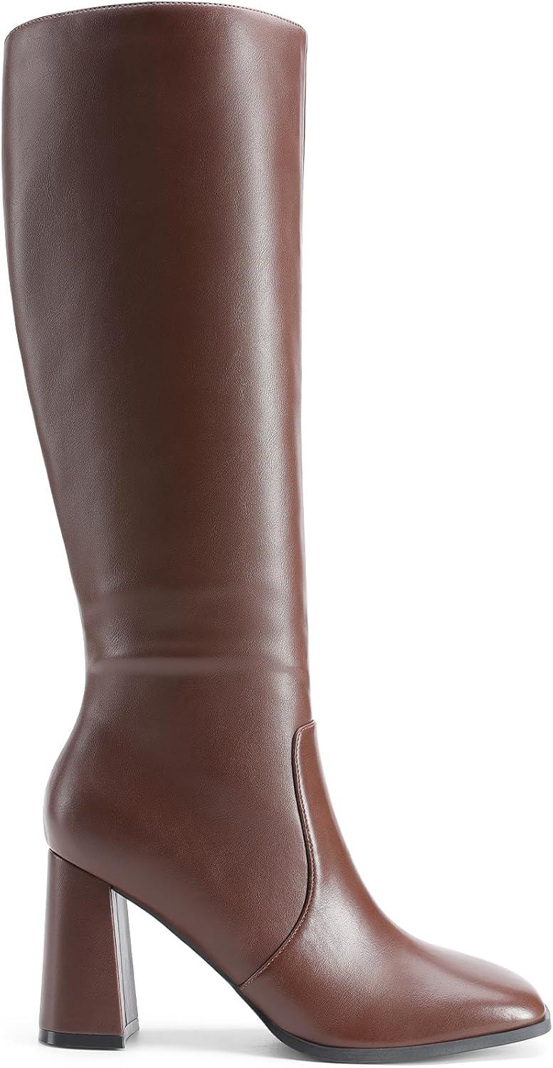imageDREAM PAIRS Knee High Boots for Women Square Toe Gogo Chunky Heel with Side ZipBrown