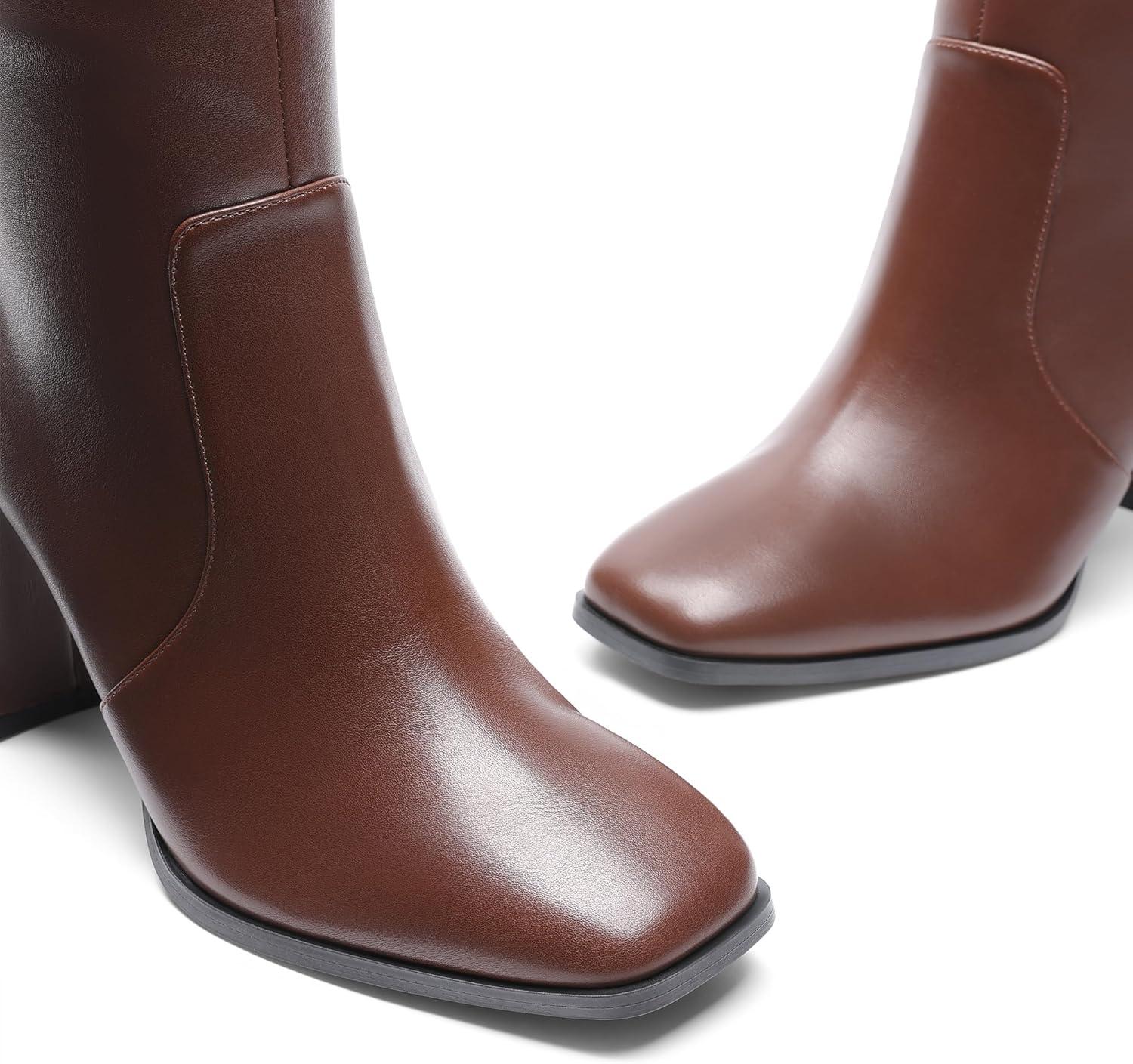 imageDREAM PAIRS Knee High Boots for Women Square Toe Gogo Chunky Heel with Side ZipBrown