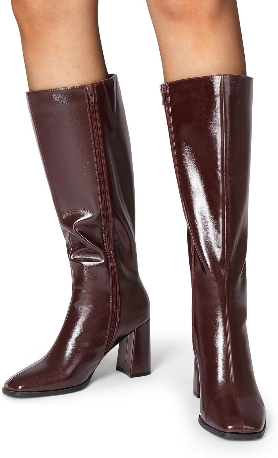 imageDREAM PAIRS Knee High Boots for Women Square Toe Gogo Chunky Heel with Side ZipBurgundy