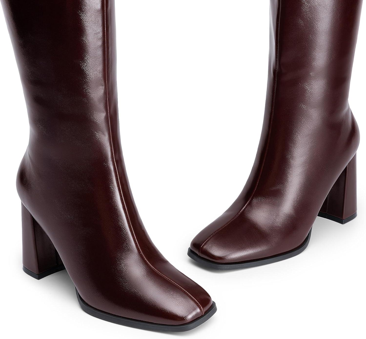 imageDREAM PAIRS Knee High Boots for Women Square Toe Gogo Chunky Heel with Side ZipBurgundy