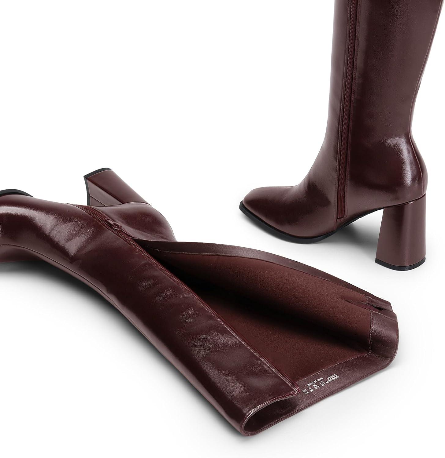 imageDREAM PAIRS Knee High Boots for Women Square Toe Gogo Chunky Heel with Side ZipBurgundy