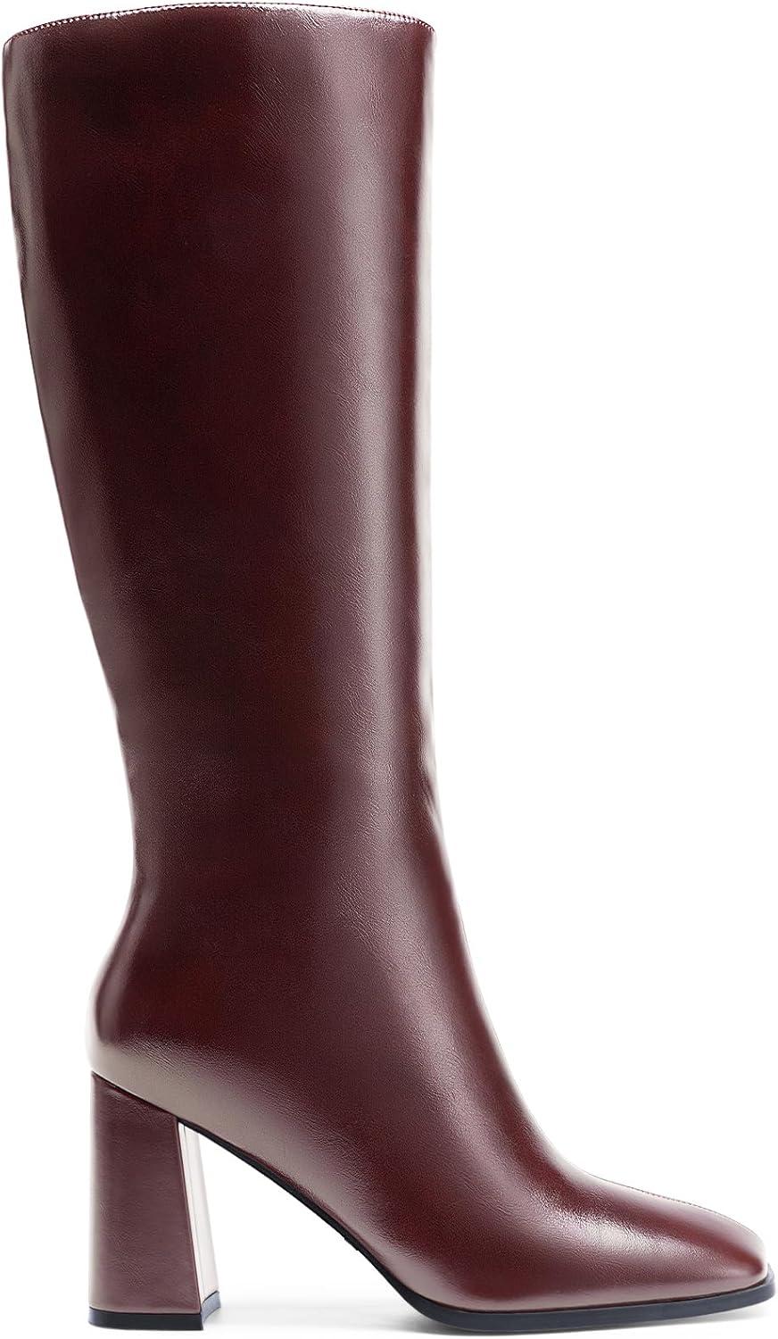 imageDREAM PAIRS Knee High Boots for Women Square Toe Gogo Chunky Heel with Side ZipBurgundy