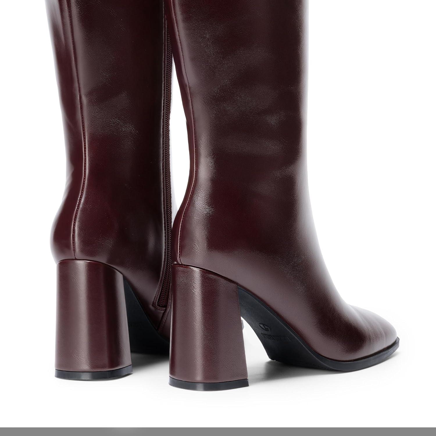 imageDREAM PAIRS Knee High Boots for Women Square Toe Gogo Chunky Heel with Side ZipBurgundy
