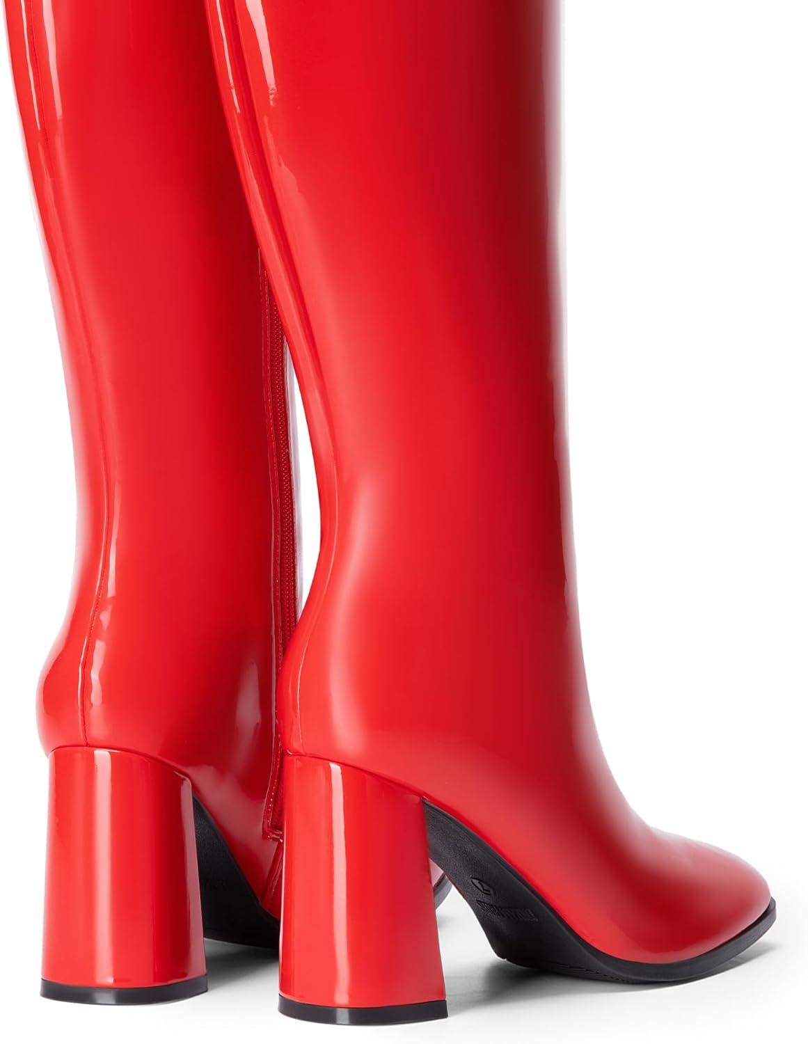 imageDREAM PAIRS Knee High Boots for Women Square Toe Gogo Chunky Heel with Side ZipRedpat