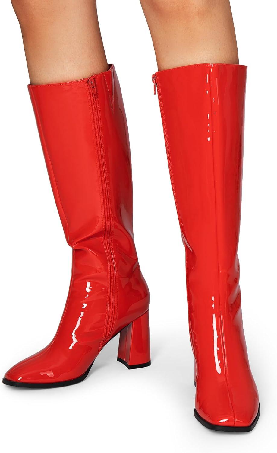 imageDREAM PAIRS Knee High Boots for Women Square Toe Gogo Chunky Heel with Side ZipRedpat