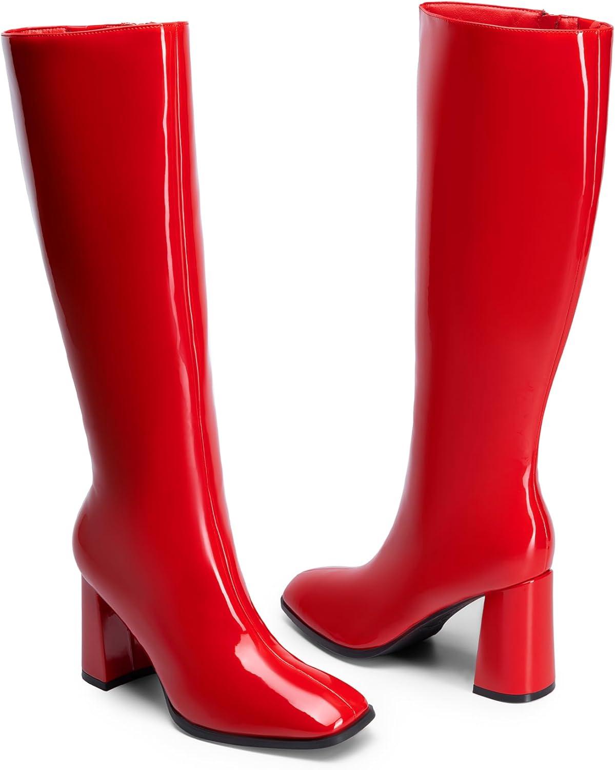 imageDREAM PAIRS Knee High Boots for Women Square Toe Gogo Chunky Heel with Side ZipRedpat