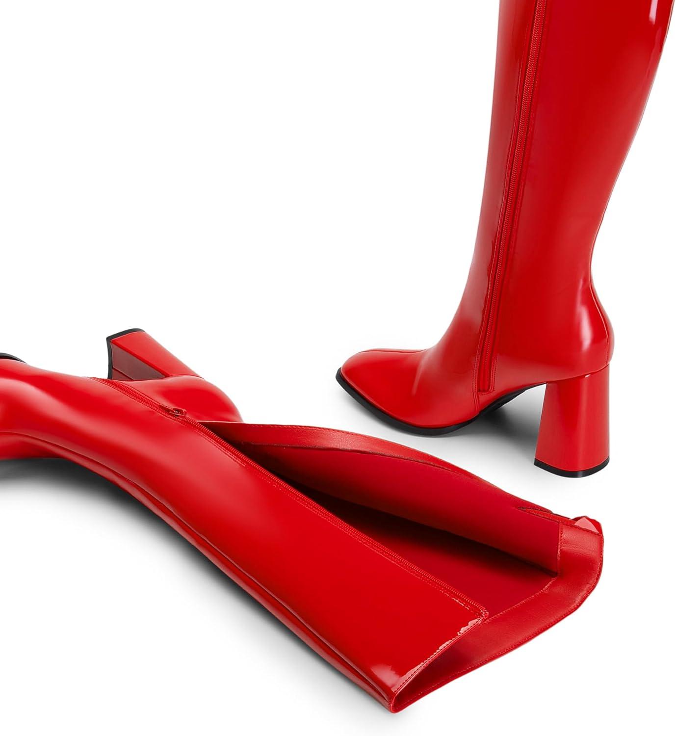 imageDREAM PAIRS Knee High Boots for Women Square Toe Gogo Chunky Heel with Side ZipRedpat