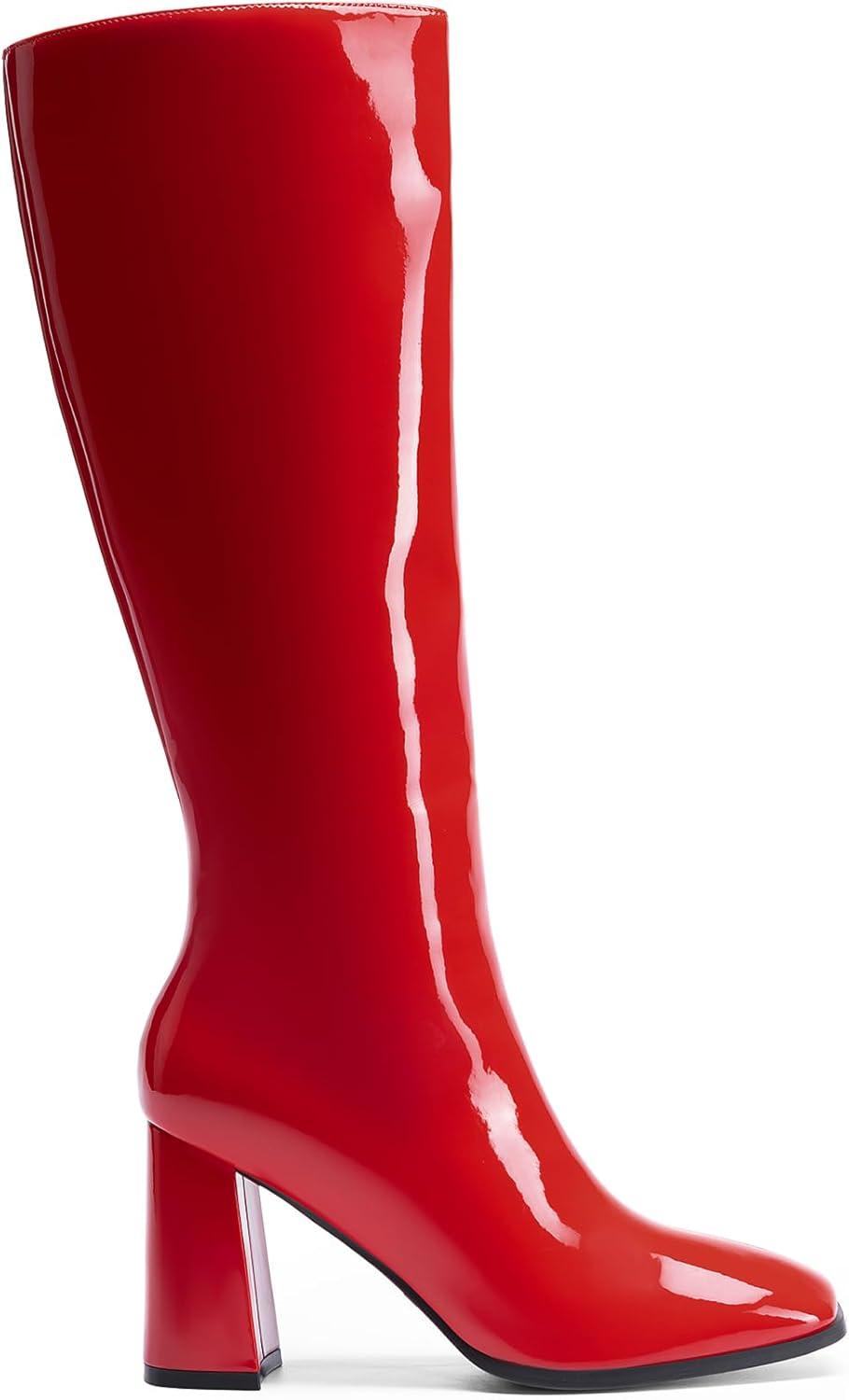 imageDREAM PAIRS Knee High Boots for Women Square Toe Gogo Chunky Heel with Side ZipRedpat