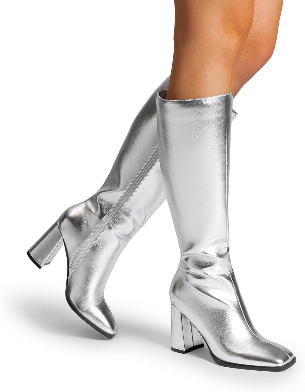 imageDREAM PAIRS Knee High Boots for Women Square Toe Gogo Chunky Heel with Side ZipSilvermetal