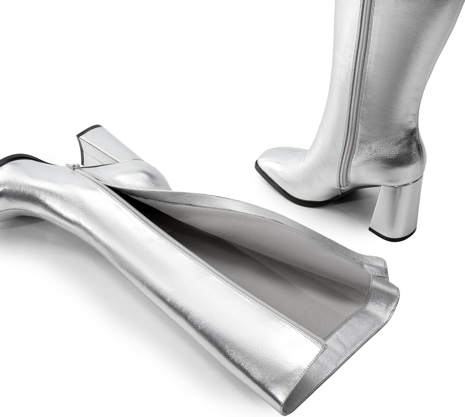 imageDREAM PAIRS Knee High Boots for Women Square Toe Gogo Chunky Heel with Side ZipSilvermetal