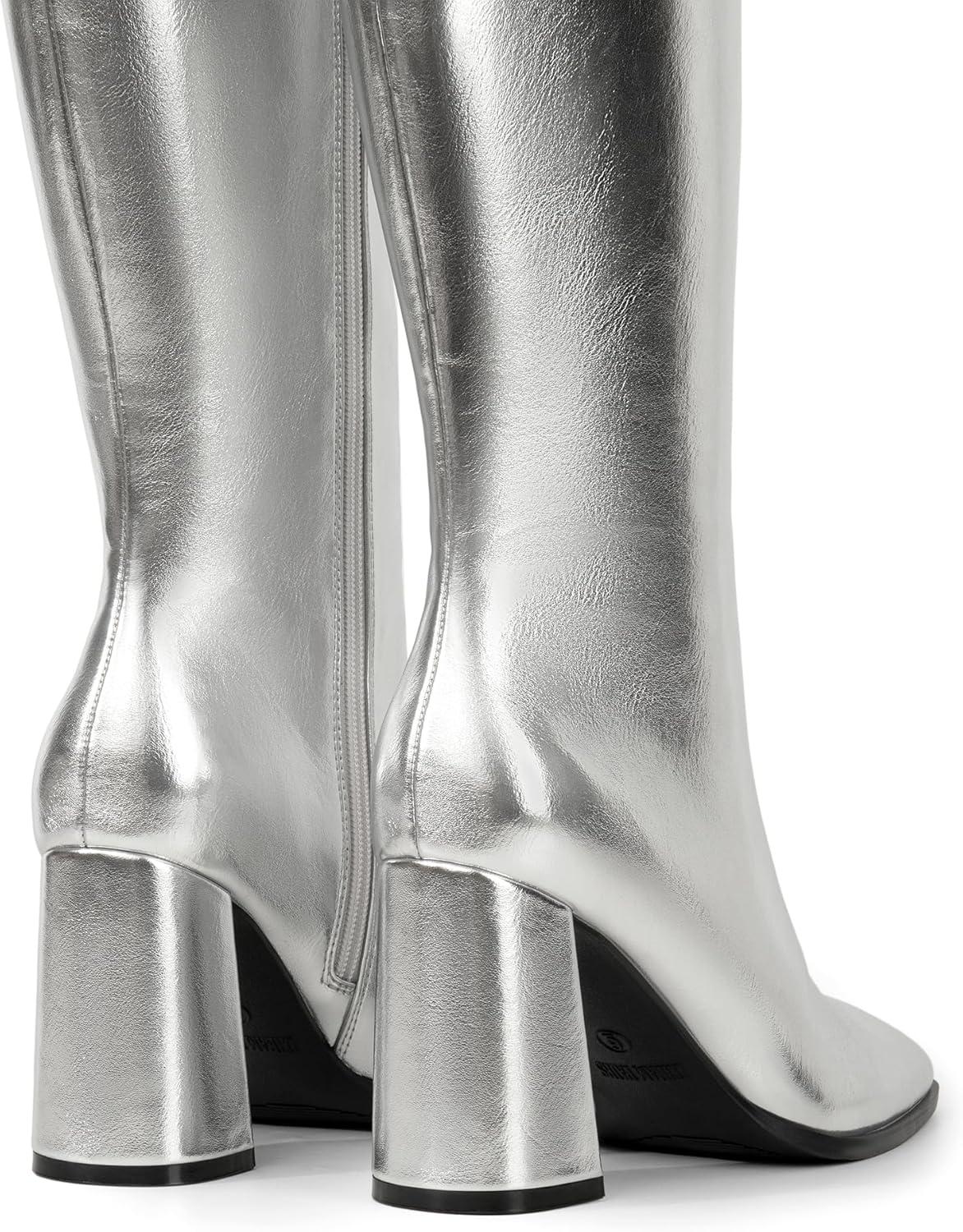 imageDREAM PAIRS Knee High Boots for Women Square Toe Gogo Chunky Heel with Side ZipSilvermetal