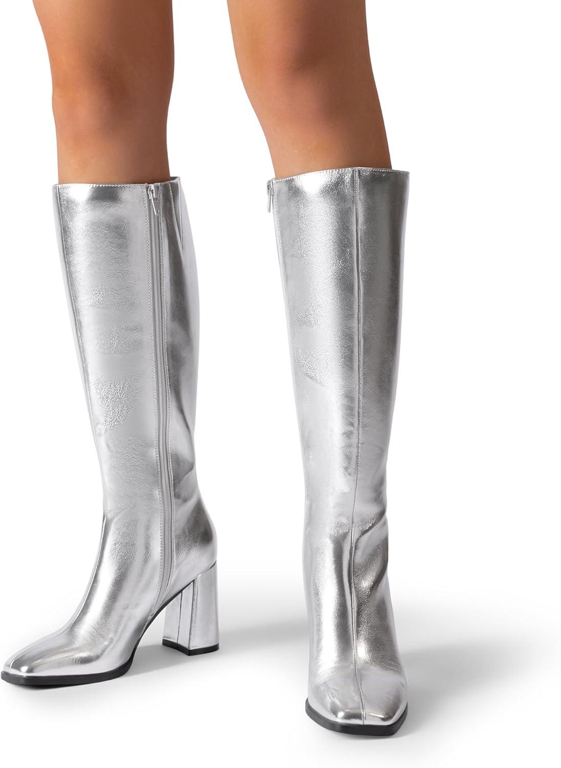 imageDREAM PAIRS Knee High Boots for Women Square Toe Gogo Chunky Heel with Side ZipSilvermetal