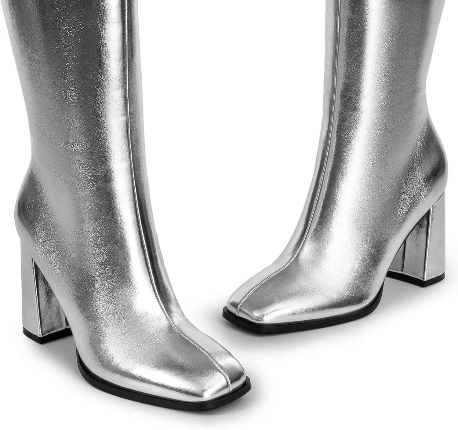imageDREAM PAIRS Knee High Boots for Women Square Toe Gogo Chunky Heel with Side ZipSilvermetal