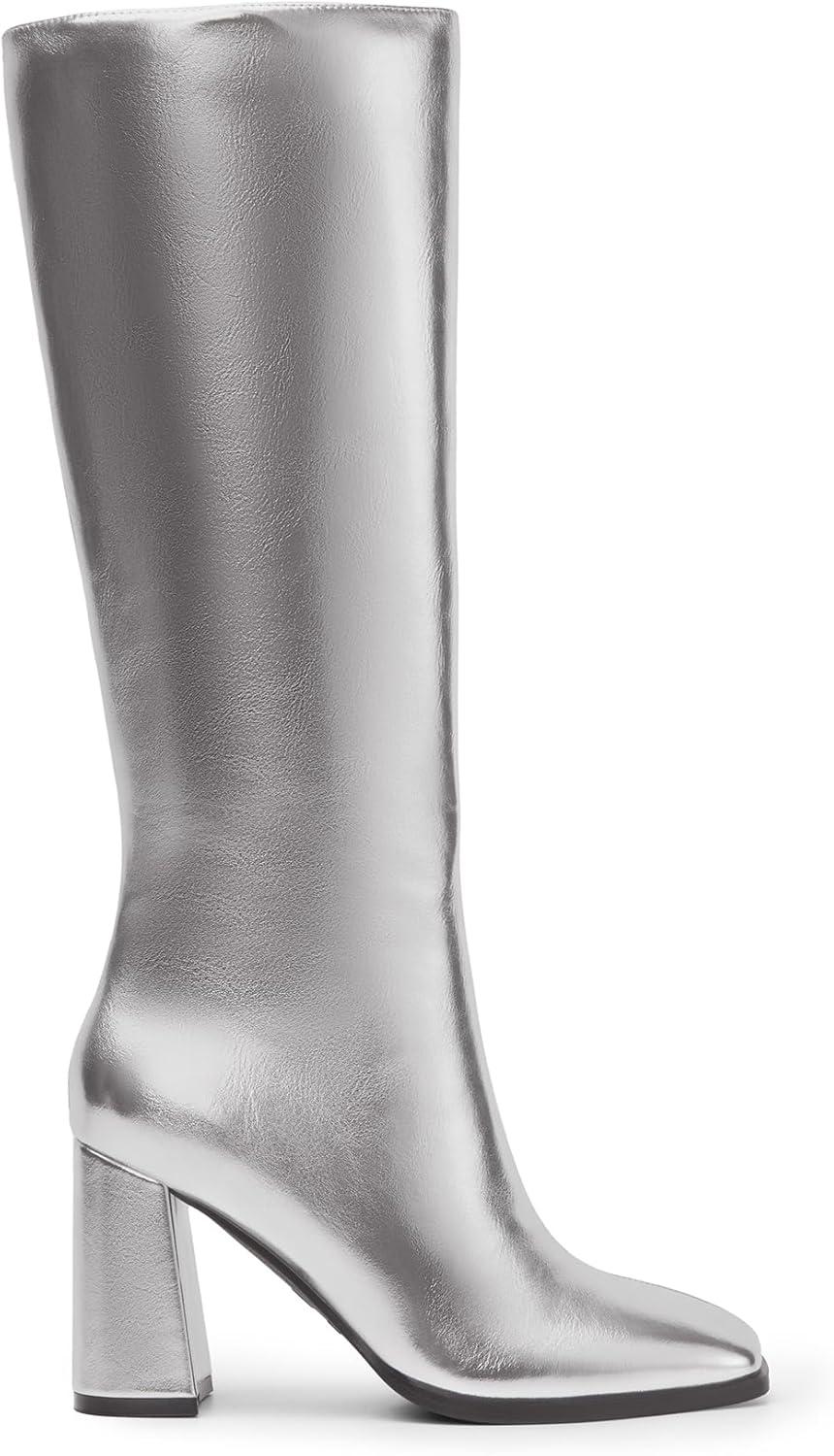 imageDREAM PAIRS Knee High Boots for Women Square Toe Gogo Chunky Heel with Side ZipSilvermetal