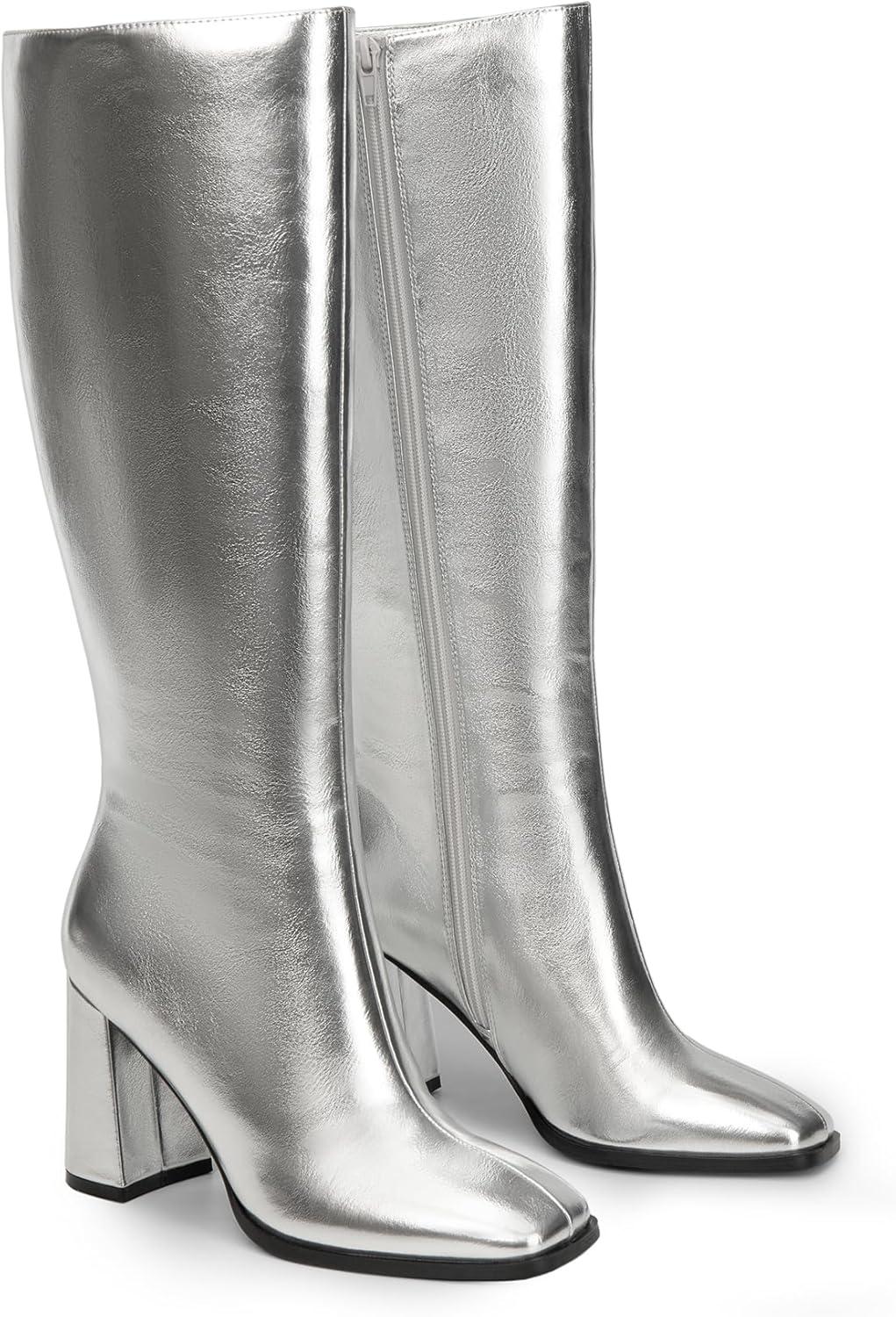 imageDREAM PAIRS Knee High Boots for Women Square Toe Gogo Chunky Heel with Side ZipSilvermetal