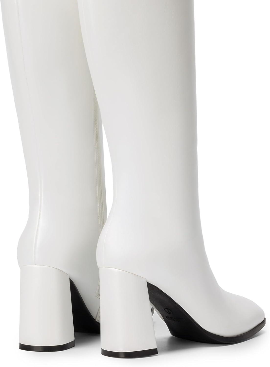 imageDREAM PAIRS Knee High Boots for Women Square Toe Gogo Chunky Heel with Side ZipWhitepu