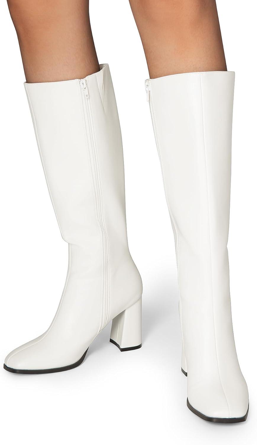 imageDREAM PAIRS Knee High Boots for Women Square Toe Gogo Chunky Heel with Side ZipWhitepu