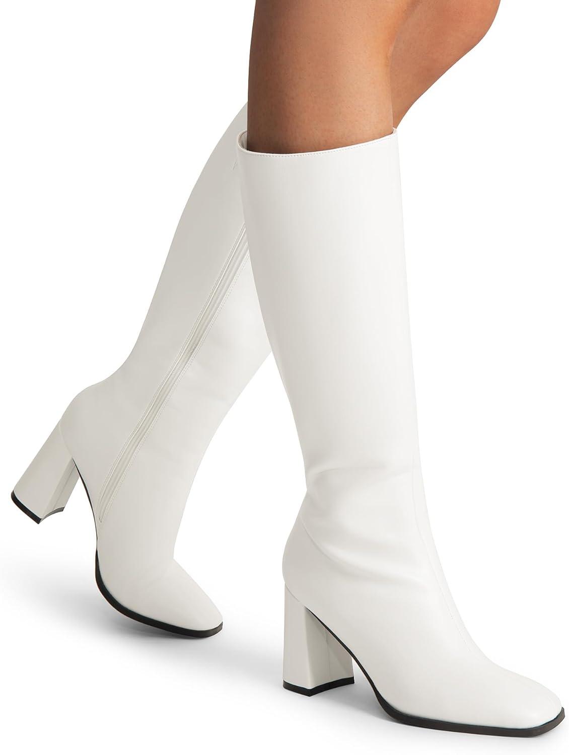 imageDREAM PAIRS Knee High Boots for Women Square Toe Gogo Chunky Heel with Side ZipWhitepu