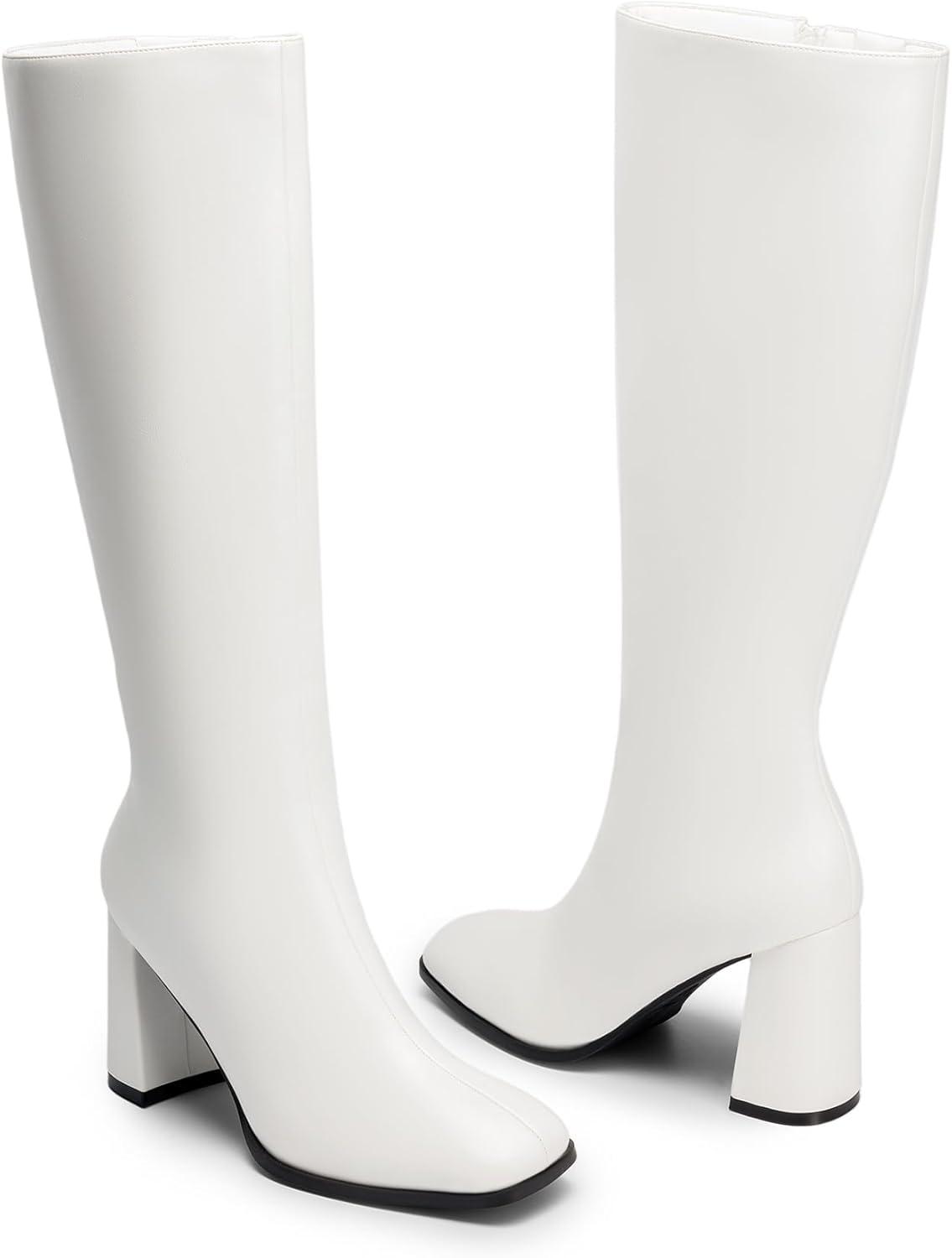 imageDREAM PAIRS Knee High Boots for Women Square Toe Gogo Chunky Heel with Side ZipWhitepu