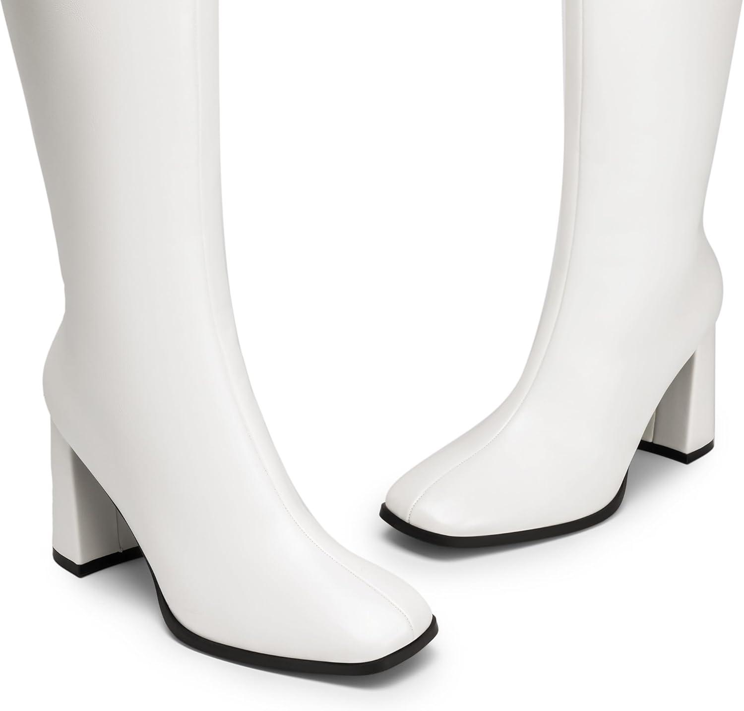 imageDREAM PAIRS Knee High Boots for Women Square Toe Gogo Chunky Heel with Side ZipWhitepu