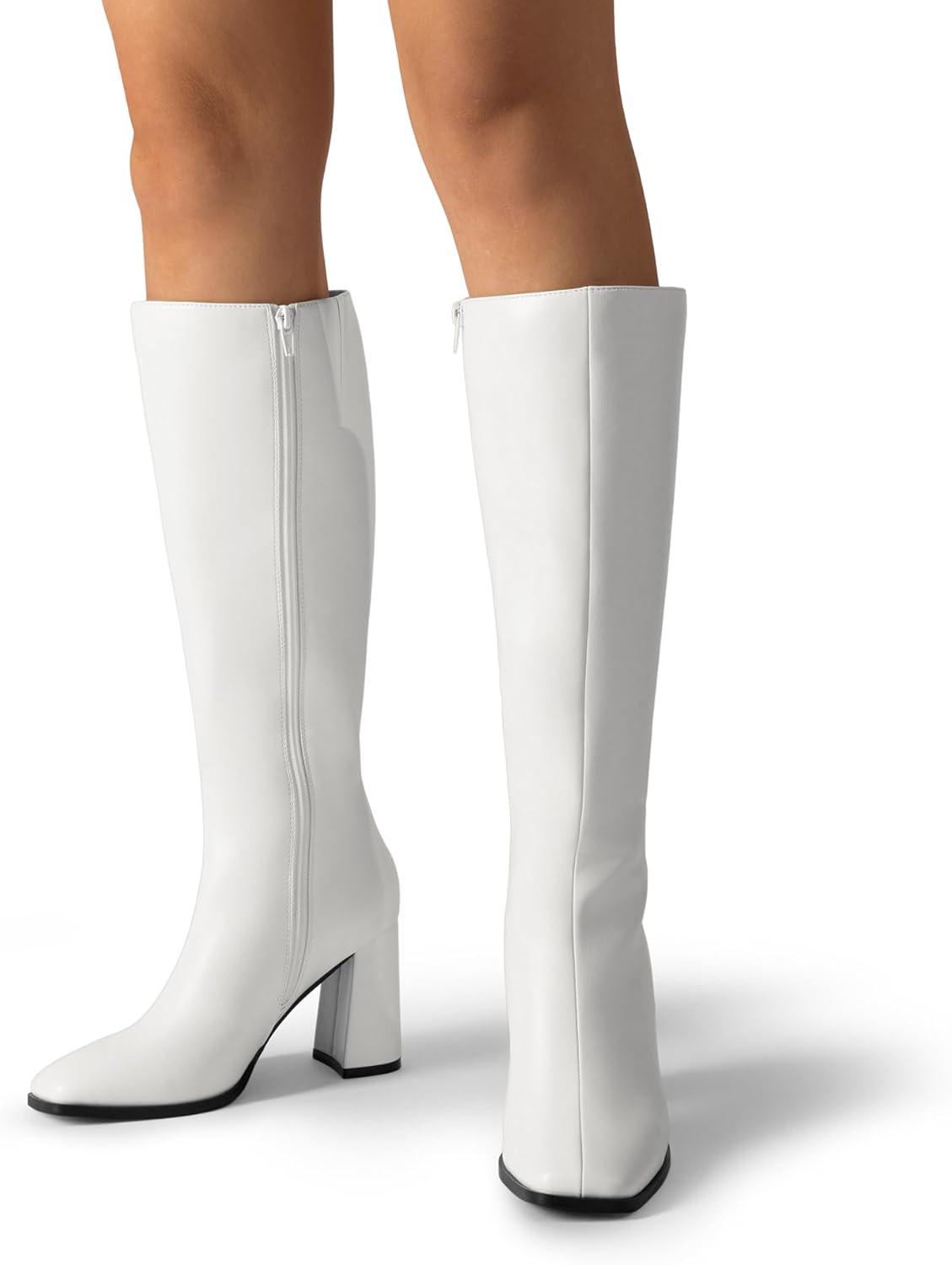 imageDREAM PAIRS Knee High Boots for Women Square Toe Gogo Chunky Heel with Side ZipWhitepu